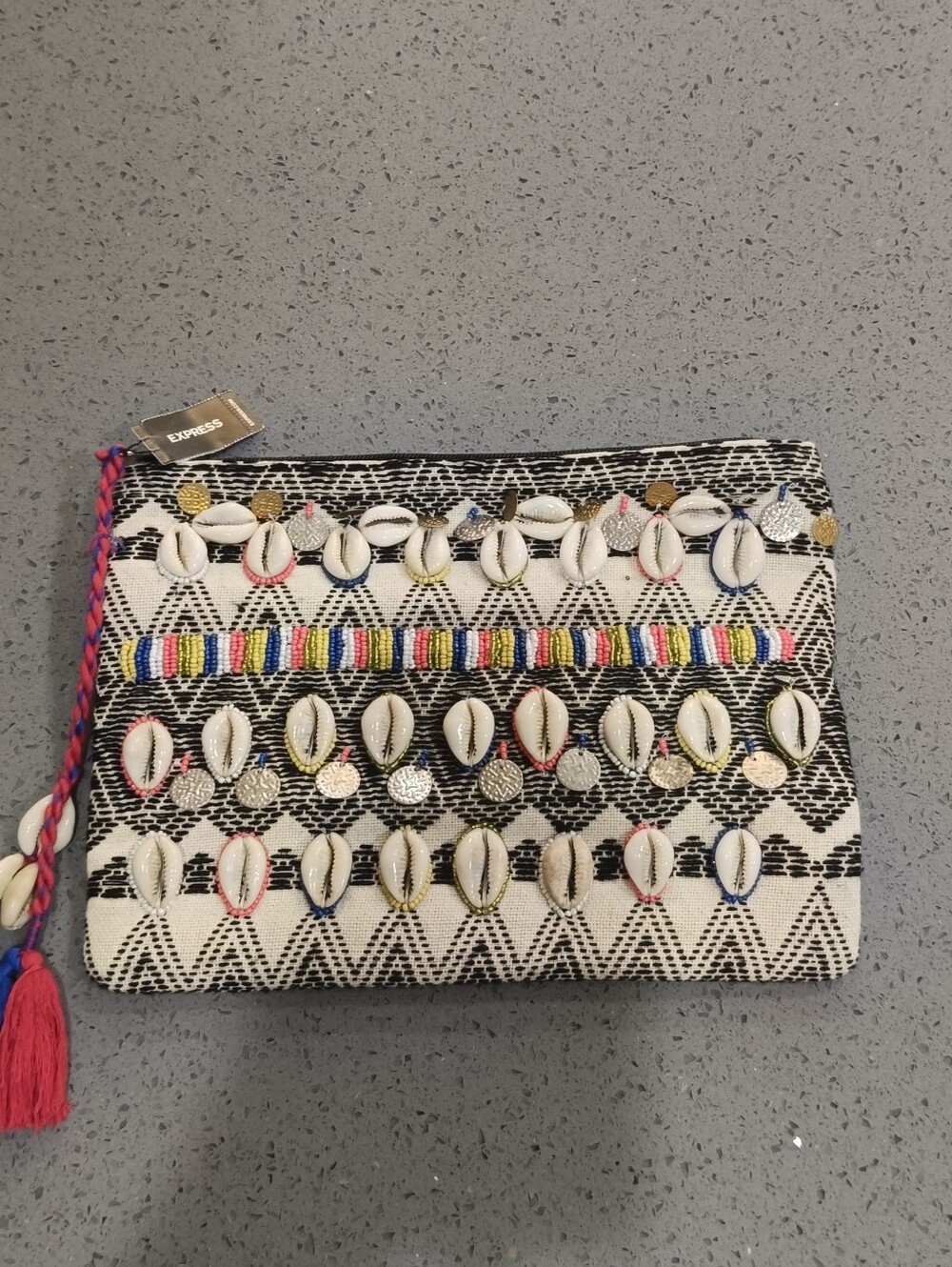 Express Black & White Tribal Clutch with Shells and Colorful Trim